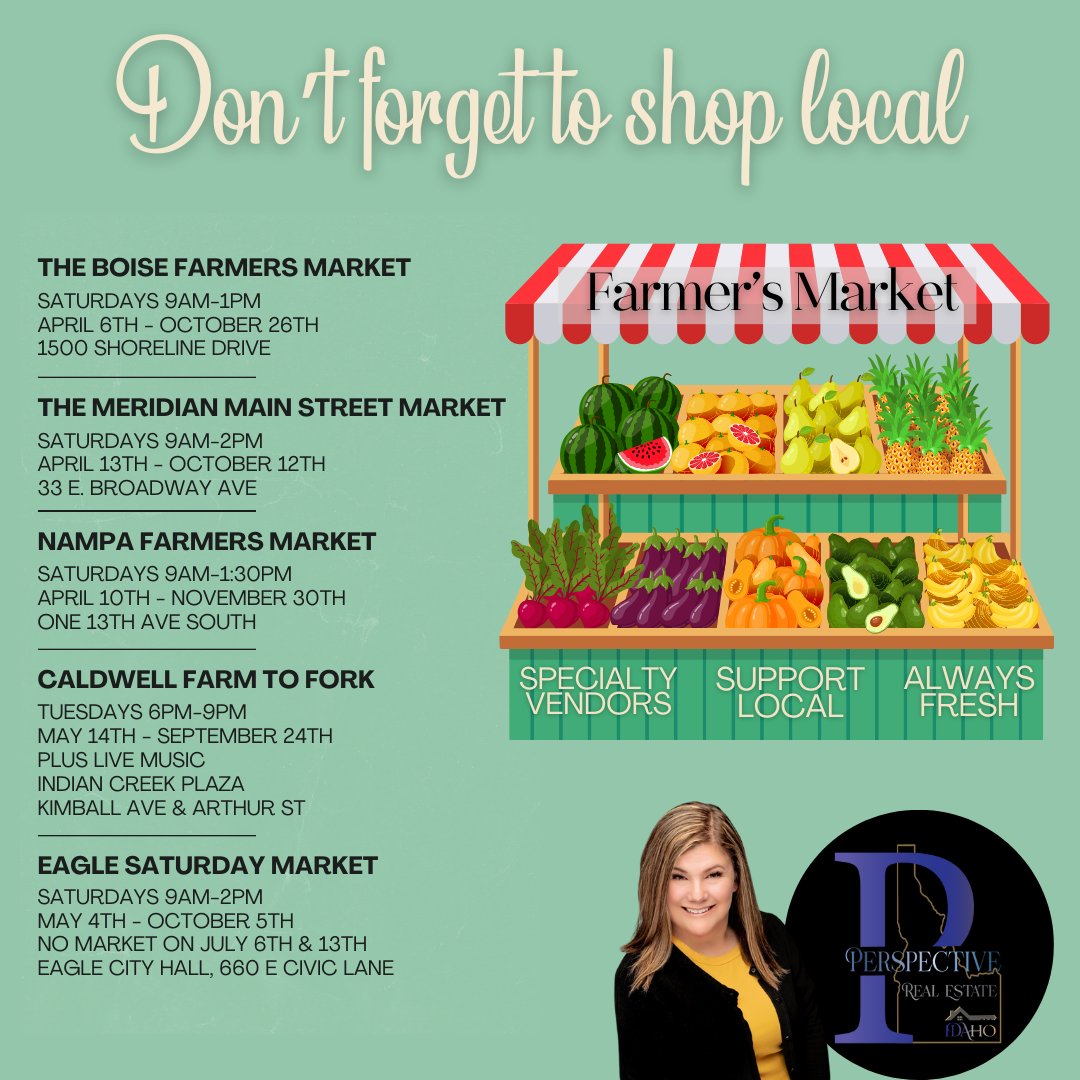 Don't forget to shop local this summer.  Farmer's Markets🍉 are opening up all throughout the Treasure Valley. Go explore and enjoy! 😍
#shoplocal #treasurevalley #farmersmarkets #perspectivereidaho #idahome