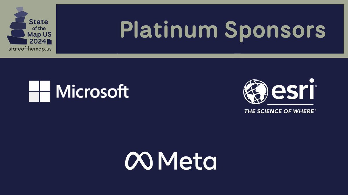 Our sponsors are a vital part of the success of #SOTMUS. This year we are honored to have three Platinum sponsors! Thank you to @Esri, @Meta, and @Microsoft for supporting one of the most unique gatherings in mapping innovation & open data. 

#FeelGoodFriday #OpenStreetMap