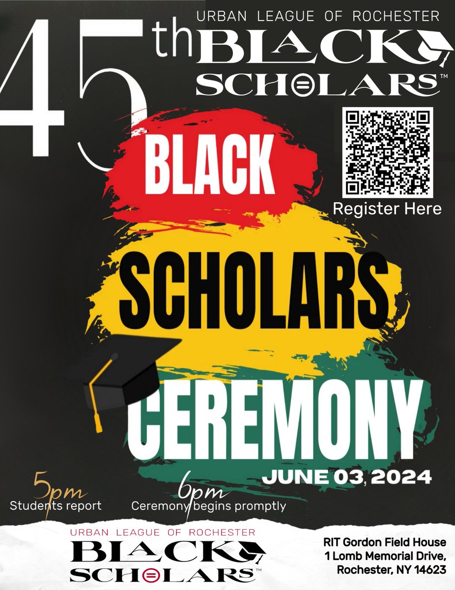 Our 45th annual Salute to Black Scholars Ceremony is Monday, June 3 at RIT's Gordon Field House. Tickets are FREE, but registration is required. Help us celebrate the academic accomplishments of over 600 students (!!!) and get your tickets here: ow.ly/xBq050RvNOi