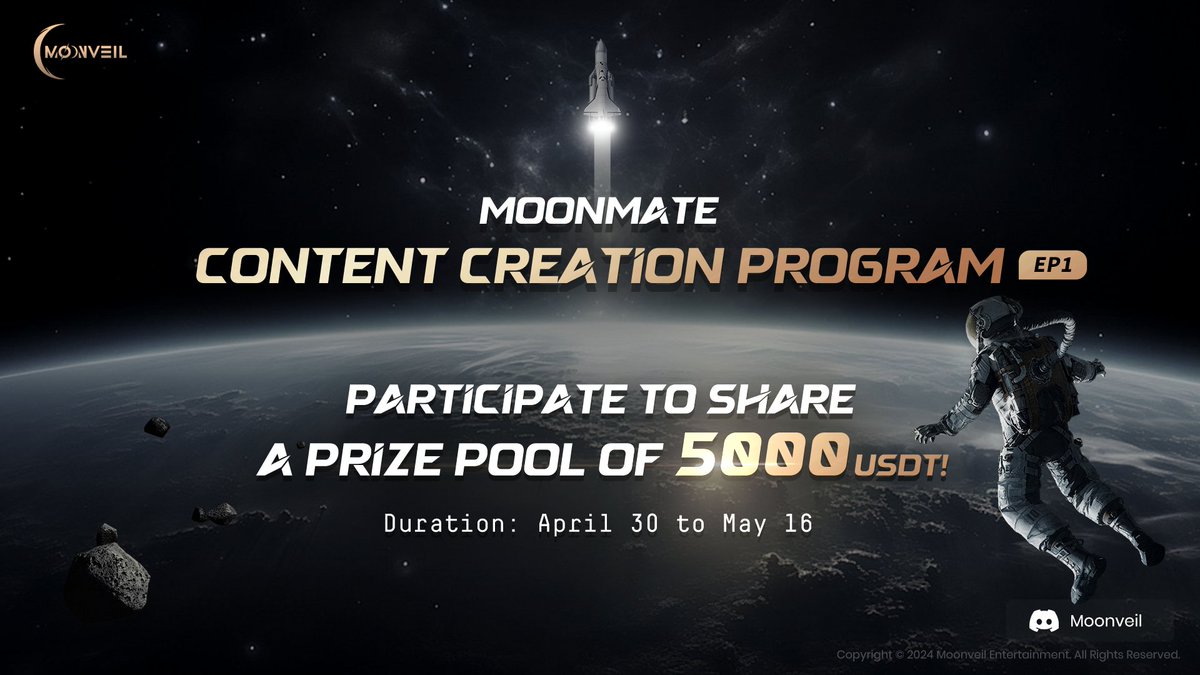 MoonMate’s Content Creation Program is live with a $𝟓,𝟎𝟎𝟎 𝐔𝐒𝐃𝐓 𝐩𝐫𝐢𝐳𝐞 𝐩𝐨𝐨𝐥! Join Now:  discord.gg/moonveil Plus, you can complete the tasks to let more people know about the campaign and 𝐞𝐚𝐫𝐧 𝐌𝐨𝐨𝐧 𝐁𝐞𝐚𝐦𝐬.  moonveil.gg/LoyaltyProgram…