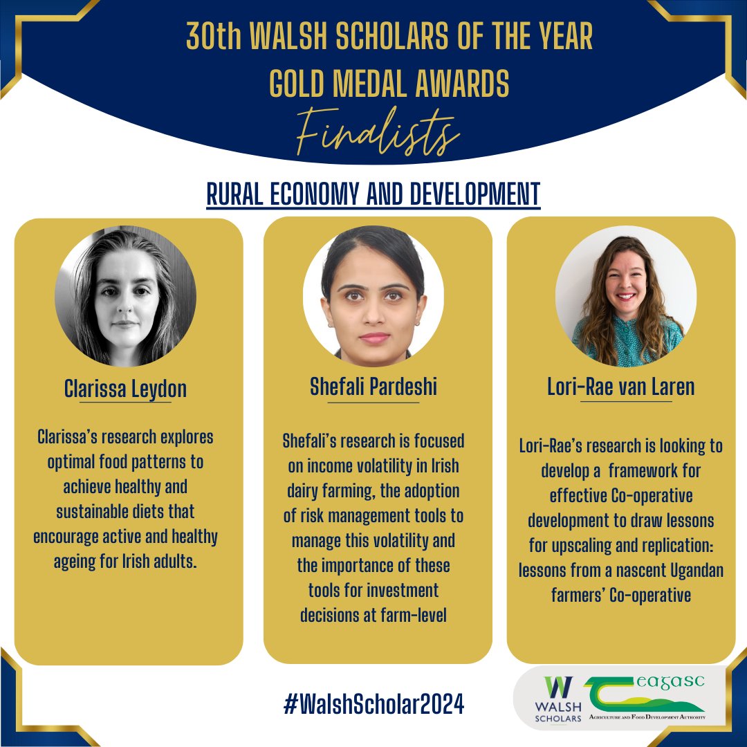 Introducing our finalists for the Teagasc Walsh Scholar of the Year 2024 from the Rural Economy and Development Programme! Take a look at the groundbreaking research undertaken by Clarissa, Shefali and Lori-Rae showcased in the image. #WalshScholars #WalshScholar2024 #Teagasc