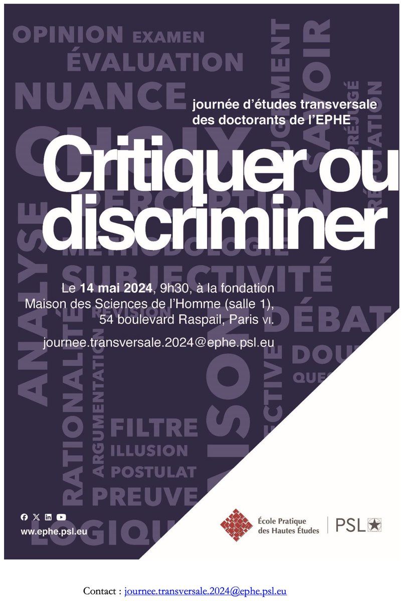 Critiquer ou discriminer', beau programme de la journée d'études transversale des doctorants de l'@EPHE_PSL Le 14 mai 2024 à la @FondationMSH