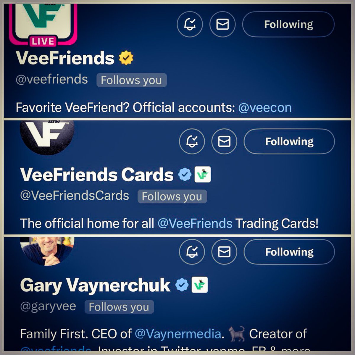 Super happy! 🎉 Now officially followed by @garyvee  @veefriends & @VeeFriendsCards What an honor! #thankful 
⬇️