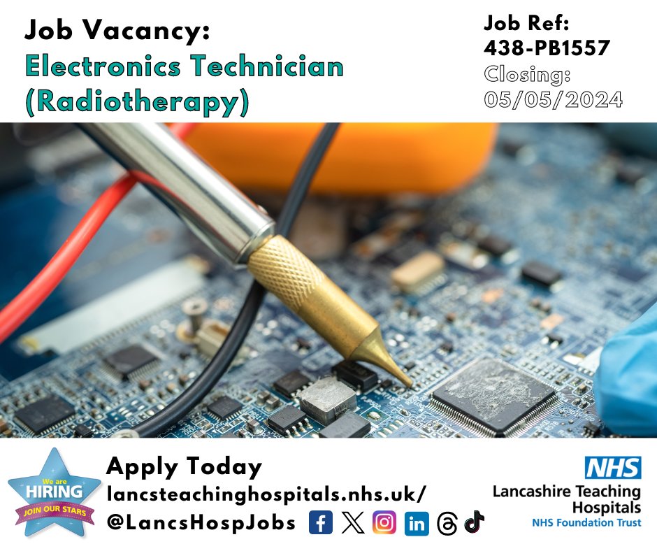 Job Vacancy: Electronics Technician (Radiotherapy) @LancsHospitals ⏰Closes: 05/05/2024 Read more and apply: lancsteachinghospitals.nhs.uk/join-our-workf… #NHS #NHsjobs #Radiotherapy #ElectronicsTechnician #Electronics #Technician #Lancashire