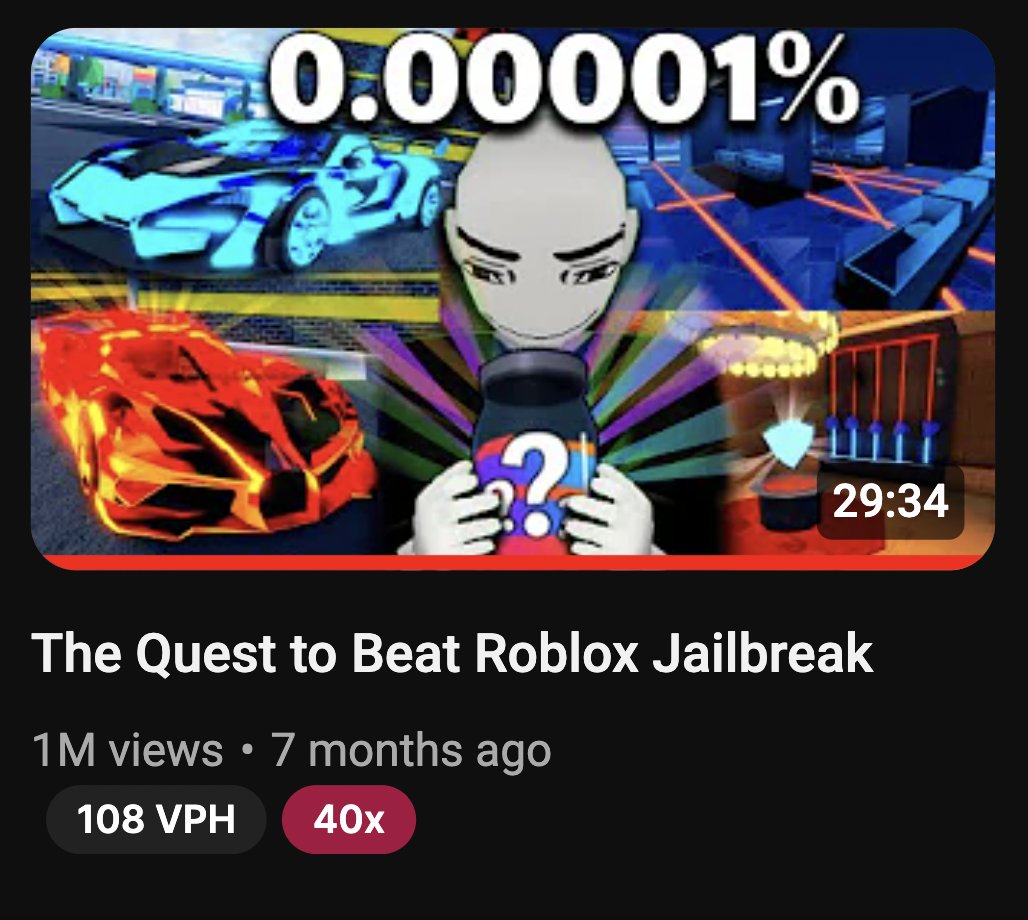Congrats to @yuukl1v9 for reaching 1 MILLION views on 'The Quest To Beat Roblox #Jailbreak'!🤯
