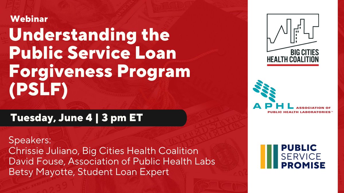 Calling all BCHC & @APHL members and anyone working in #PublicHealth! Join us for a webinar on Tues. June 4, to learn if you qualify to have your student debt forgiven through the federal #PSLF program. 📅 RSVP today. us06web.zoom.us/webinar/regist…