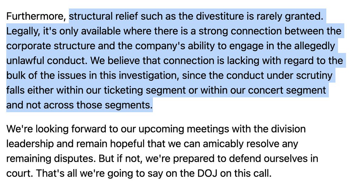 Yesterday, the Live Nation CEO said a breakup would be an unlikely result of the potential DOJ lawsuit because the DOJ is looking at sector-specific conduct, not conduct that results from its overall structure. If I were an investor, this wouldn't make me feel very confident.