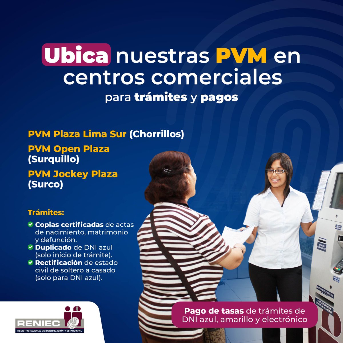 Aprovecha en sacar una copia de acta o iniciar el trámite de duplicado de tu #DNI azul mientras realizas tus compras. 🛒 👉 Contamos con 3 Plataforma Multiservicios (PVM), ubicados en los centros comerciales Jockey Plaza, Plaza Lima Sur y Open Plaza Angamos.