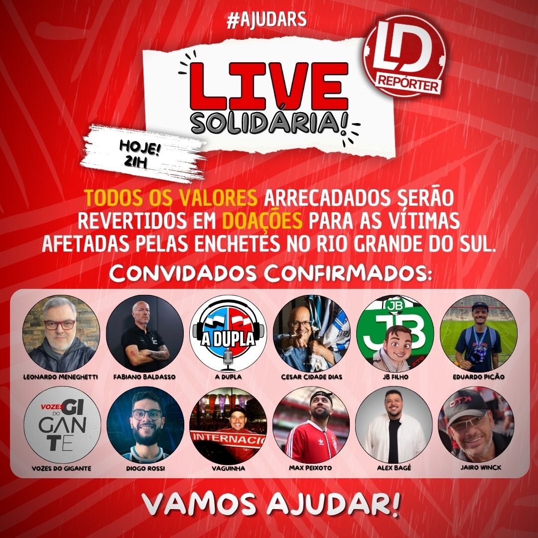 Hoje à noite, comunicadores de #Inter e #Gremio farão uma live solidária no canal do ⁦@_olucasdias⁩… 

todo valor arrecadado será destinado aos afetados pela situação de calamidade do Estado…

Aqui o link 👉🏻 youtube.com/live/WiQ948_oO…