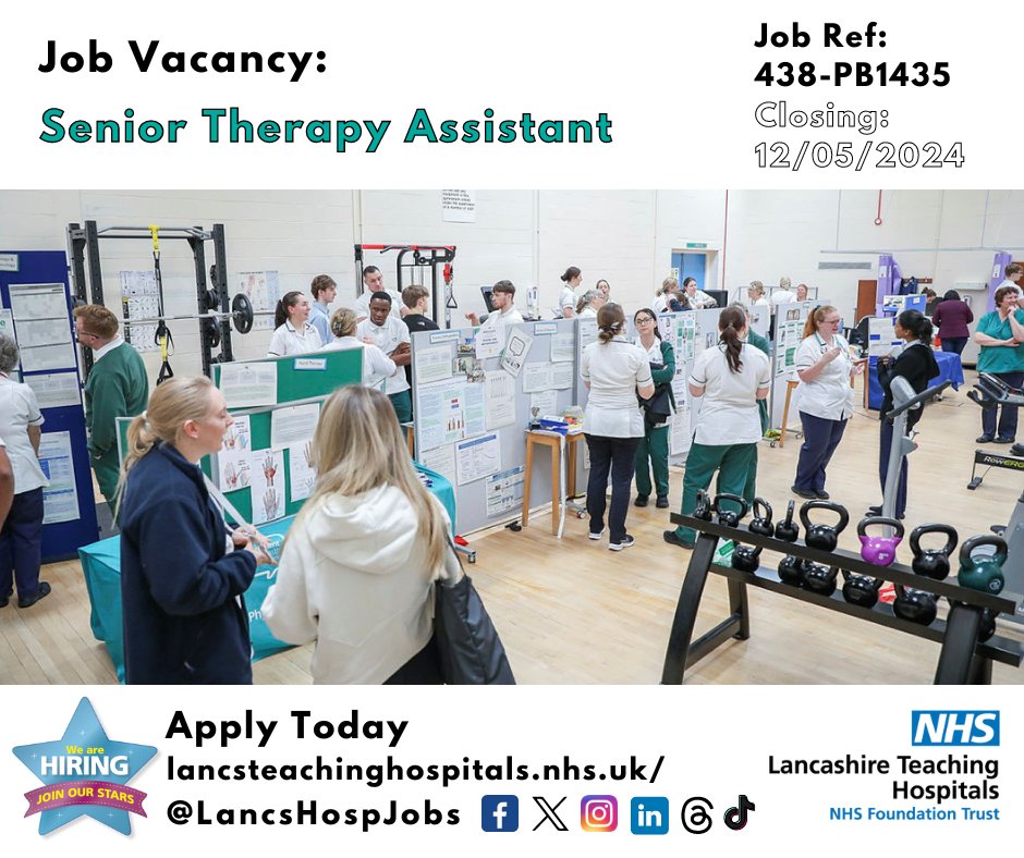 Job Vacancy: Senior #TherapyAssistant @LancsHospitals Do you have a background as a #therapy or #healthcare assistant and fancy a new challenge working within #Stroke services? ⏰Closes: 12/05/24 Read more & apply: lancsteachinghospitals.nhs.uk/join-our-workf… #NHS #NHSjobs #CoreTherapies