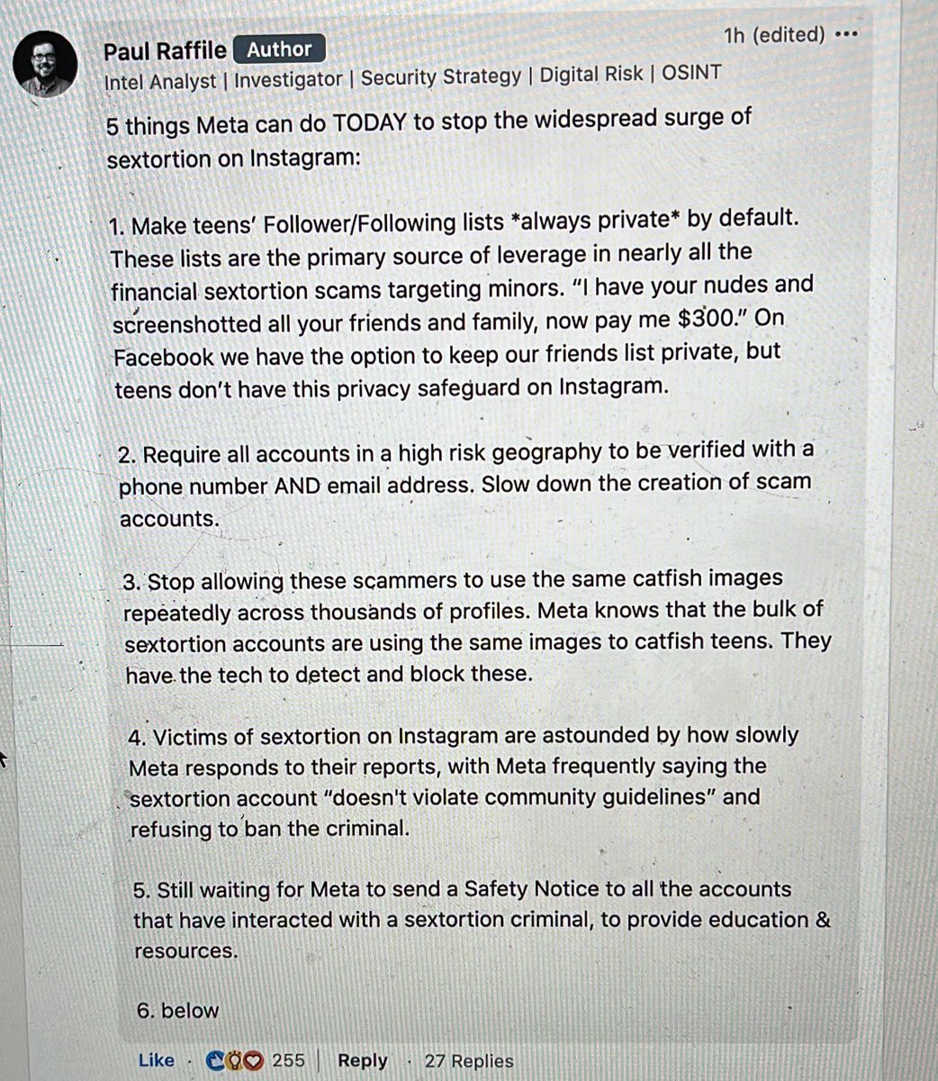 Meta puts profits over the lives of children. The case of Paul Raffile says it all. 

They hired - and then rescinded the offer - a human exploitation investigator who told Meta major reforms were needed to protect kids from suicide after experiencing “sextortion” from scammers.