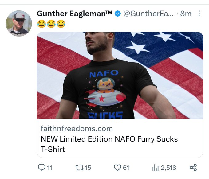 @JRewinski I remember when Gunther Eagleboy decided to sell a t-shirt saying NAFO sucks. Fellas liked Gunther's graphic design so much, it was turned it into a NAFO t-shirt...and inspired numerous NAFO memes.