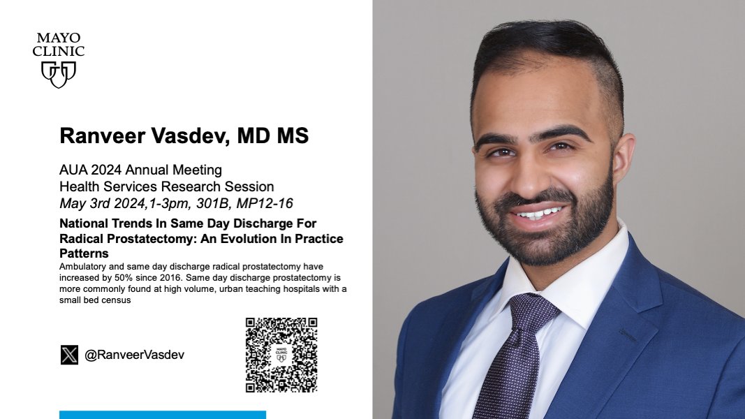 Today @RanveerVasdev will present 'National Trends in Same Day Discharge for Radical Prostatectomy:  An Evolution in Practice Patterns' at the
⏰1pm poster session! #AUA24 #prostatecancer 
@DeolEkamjit