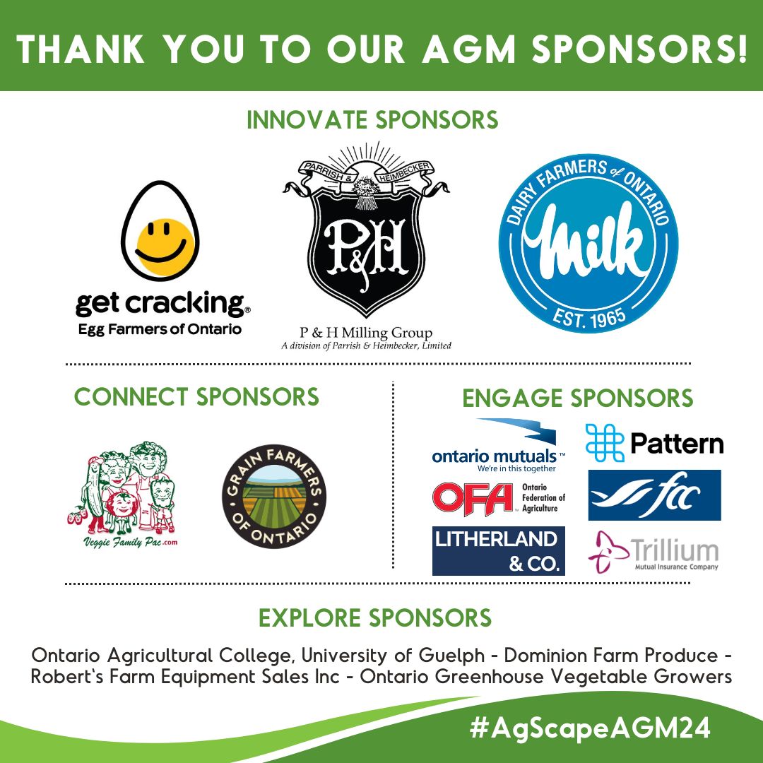 Thank you to all our sponsors who made our 2024 AGM possible! We are so grateful to have such strong industry support for agriculture and food education in Ontario. #AgScapeAGM24 @GetCracking @ParrishHeimbeck-P&H Milling Group @OntarioDairy @GrainFarmers @VeggieFamilyPac