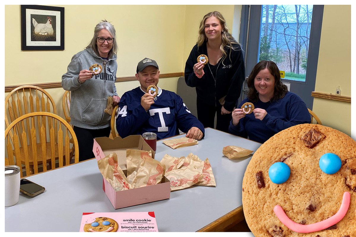 Tracy, Steve, Amber & Jody were all smiles this morning enjoying their Smile Cookies at break! Cookies were purchased from Seaforth @Timhortons & we 🩷 that the proceeds stay local & support the @OSNPsouthwest Huron-Perth! #sunnorth #timhortons #smilecookies #OSNPSmileCookieWeek
