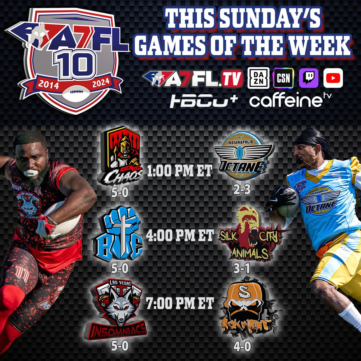 🏈 SUNDAY STARTING AT 1PM ET! Three great #7v7 No Helmets, No Pads Tackle #football matchups from #indianapolis - #newjersey - #lasvegas 👉🏾 SHARE and turn a friend on to the best spring league in the country!! #a7fl #livestream #youtubechannel #sunday