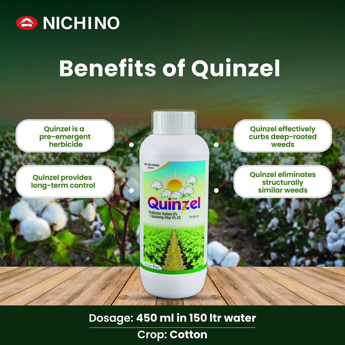 Quinzel is an advanced herbicide technology, ensuring a weed-free harvest every time.

#quinzel #cropdefence #cropsafety #herbicide #nichinoindia