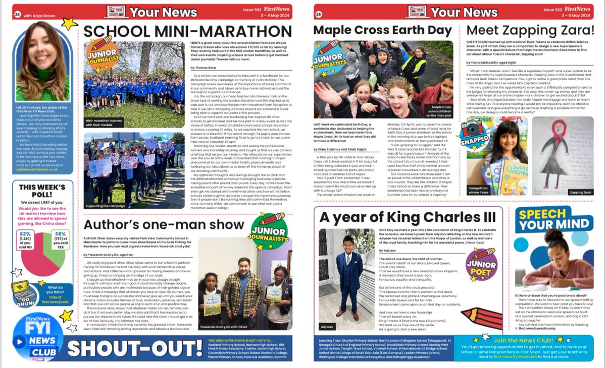 Great to see @KewWoods feature in the latest edition of @First_News. Thomas B, Y6 pupil at Kew, wrote this article reporting on the weekend in London for the #MiniLondonMarathon and after the @SouthportLP relay event, part of the #kNOwKnifeCrime / @in_mcginty campaign.