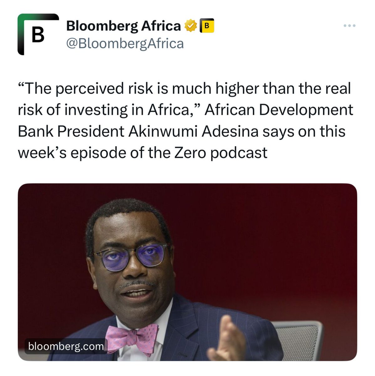 Africa loses $7b to $15b a year to #climatechange. In this @bloomberg podcast, @AfDB_Group Pres. @akin_adesina describes the financial instruments the bank is using to encourage investors to fund green development projects across Africa: bloom.bg/3Unbqiz #GreenGrowth