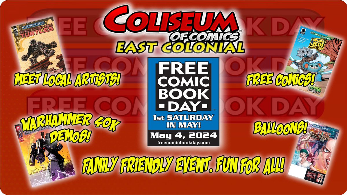 East Colonial is hosting Free Comic Book Day with free comics, Warhammer demonstrations, local artists and all sorts of fun.  It's one of the biggest comic books days of the year. It's an event for the entire family! We will see you tomorrow! #freecomicbookday #familyevent