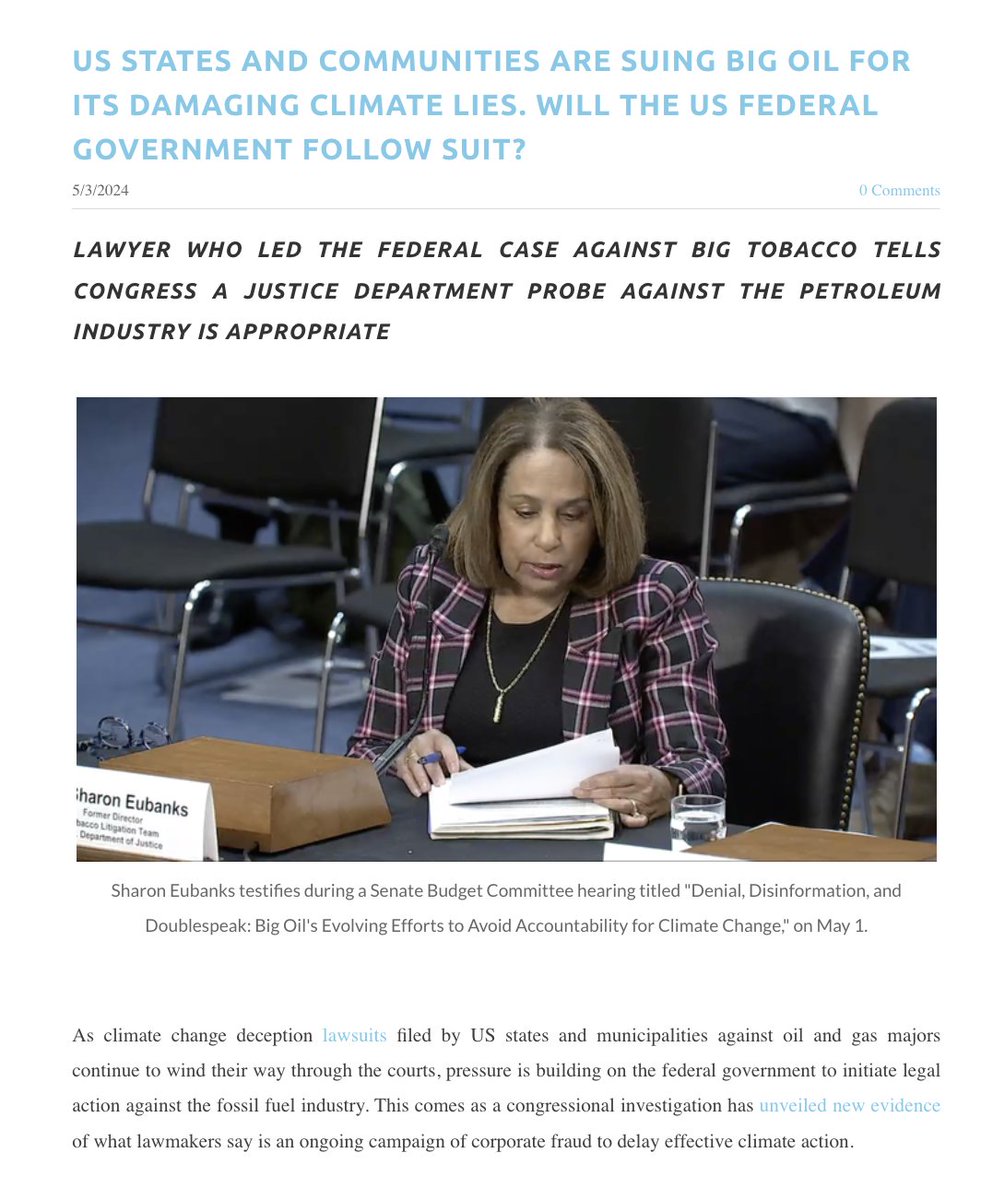 🆕 from Climate in the Courts In testimony to Congress this week, @SharonYEubanks suggested the Dept. of Justice should open a probe and consider prosecuting Big Oil like it did with Big Tobacco DOJ is not commenting on the matter climateinthecourts.com/news/us-states…