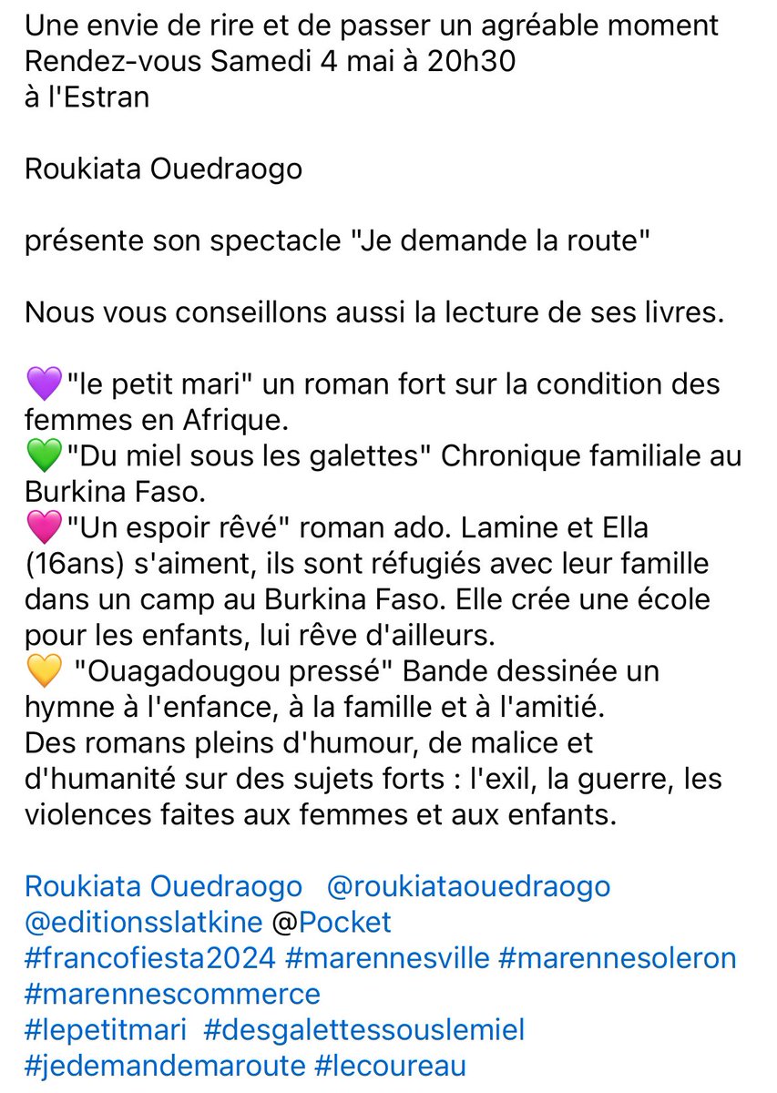 Après mon spectacle demain soir à Marennes, on pourra se retrouver juste après pour une rencontre et dédicace de mes différentes œuvres. Tellement hâte de passer ce bon moment avec vous demain ❤️