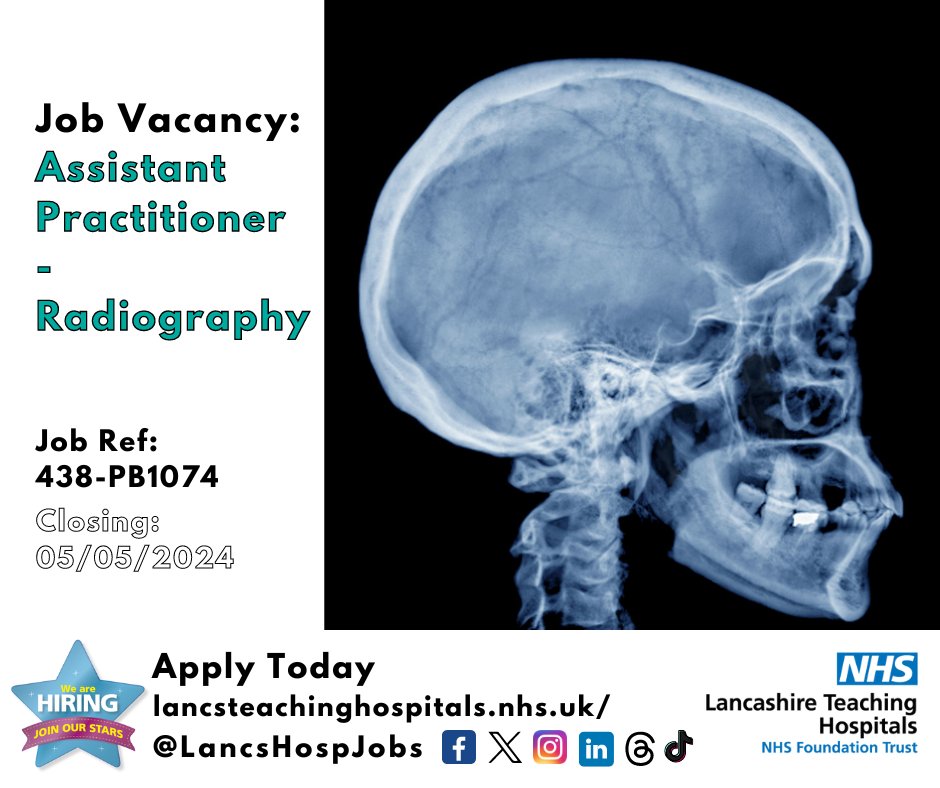 Job Vacancy: Assistant Practitioner - #Radiography @LancsHospitals ⏰Closes: 05/05/2024 Discover more and apply: lancsteachinghospitals.nhs.uk/join-our-workf… #NHS #NHSjobs #Lancashire #Band4