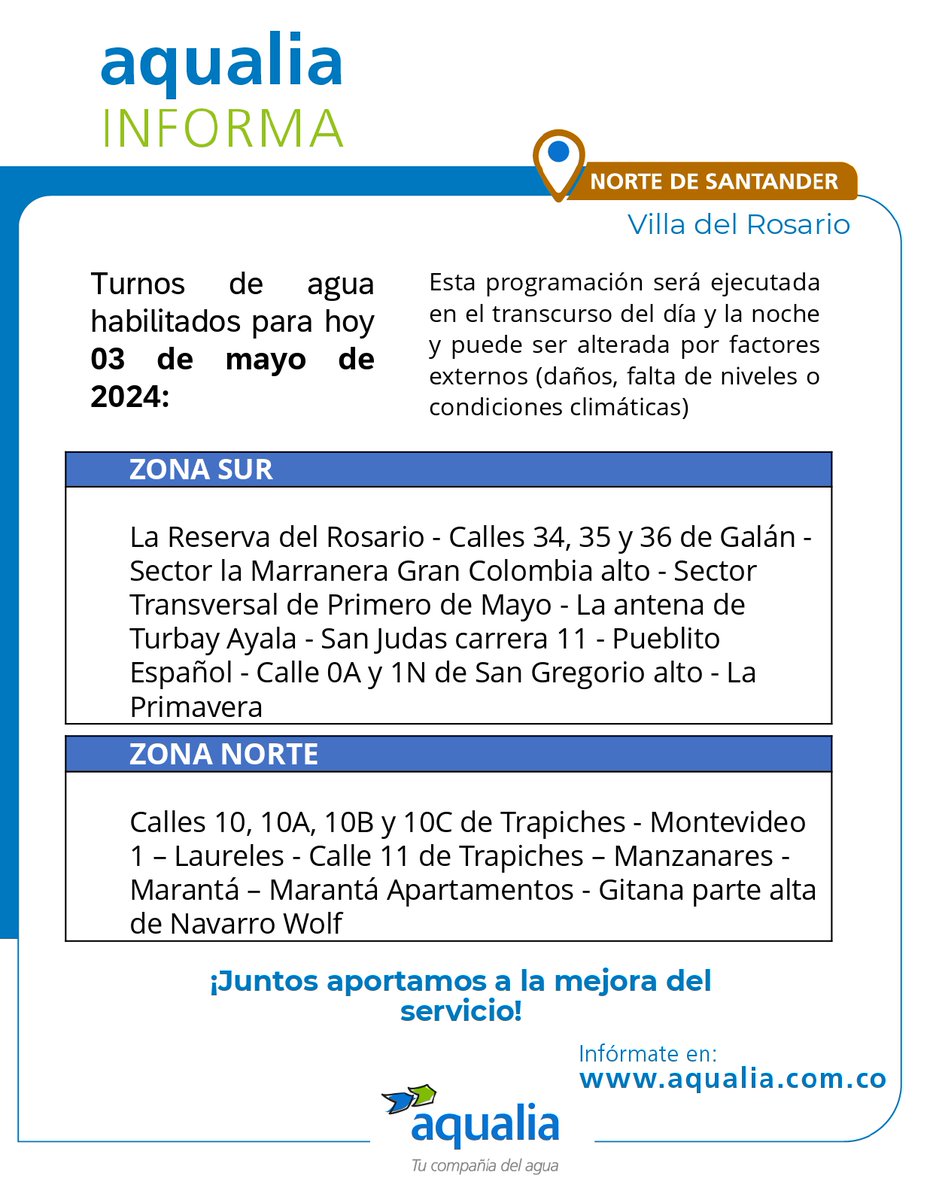#AqualiaCol_Informa 🇨🇴 | 3 de mayo #NortedeSantander 📷 Infórmate aquí con nuestro último aviso para #VilladelRosario.   
#AqualiaColombia