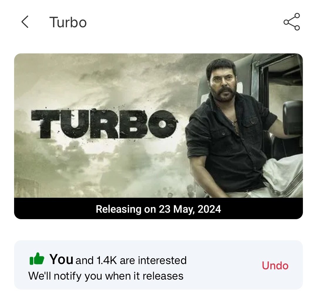 #Turbo has only 1.4K interests as of now. Everybody just get into Bookmyshow app and register your interest 🤘🏽

The link is given below:

in.bookmyshow.com/kochi/movies/t…

#Mammootty𓃵 #Mammootty #Mammukka #TurboFromMay23 #MammoottyKampany