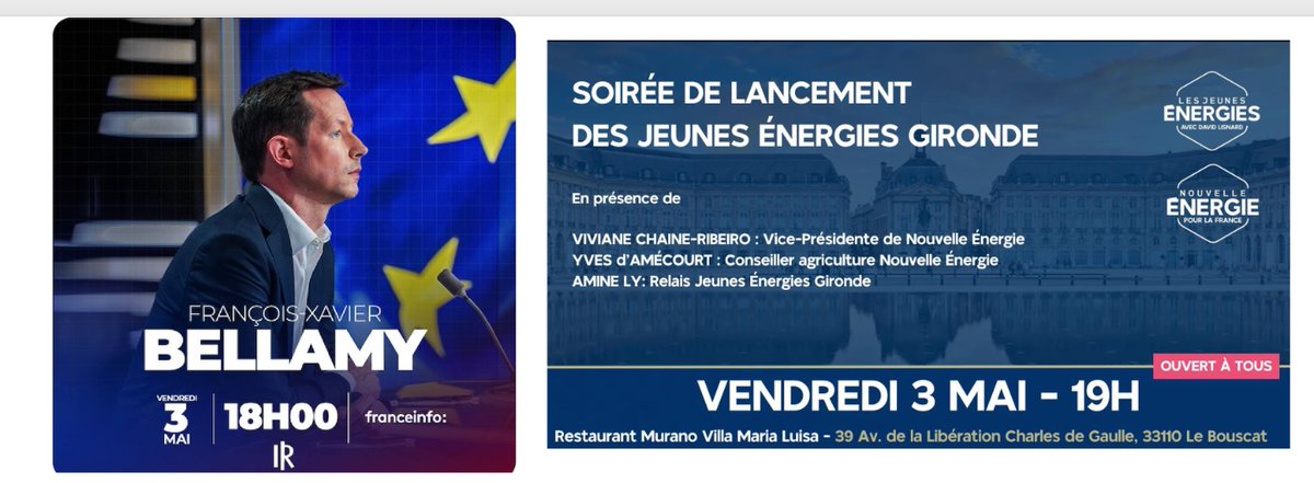 Deux rendez-vous importants en ce 3 mai : ✅ @fxbellamy sur @franceinfo, à 18h @MattBelliard ✅ Lancement des Jeunes Energies Gironde @aminely_, au Bouscat à 19h, en présence de : @VChaine, Vice-Présidente de @Nouv_Energie @yvedamecourt, Conseiller agriculture @Nouv_Energie
