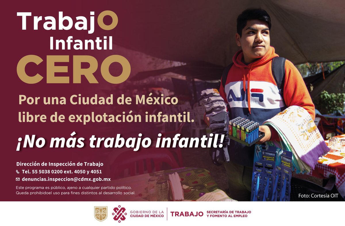 ¿Eres testigo de algún tipo de trabajo infantil en la Ciudad de México?
No te quedes callado y denuncia en el Área de Inspección Laboral.
☎️ 55 5038 0200, exts. 4050 y 4051
#TrabajoEnLaCiudad