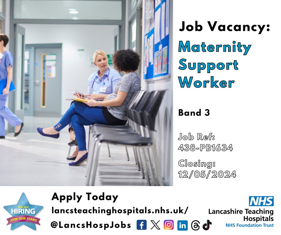 Job Vacancy: Maternity Support Worker @LancsHospitals 

⏰Closes: 12/05/2024

Read more and apply: lancsteachinghospitals.nhs.uk/join-our-workf…

#NHS #NHSjobs #maternity #Preston #lancashire #Healthcare #IDM2025