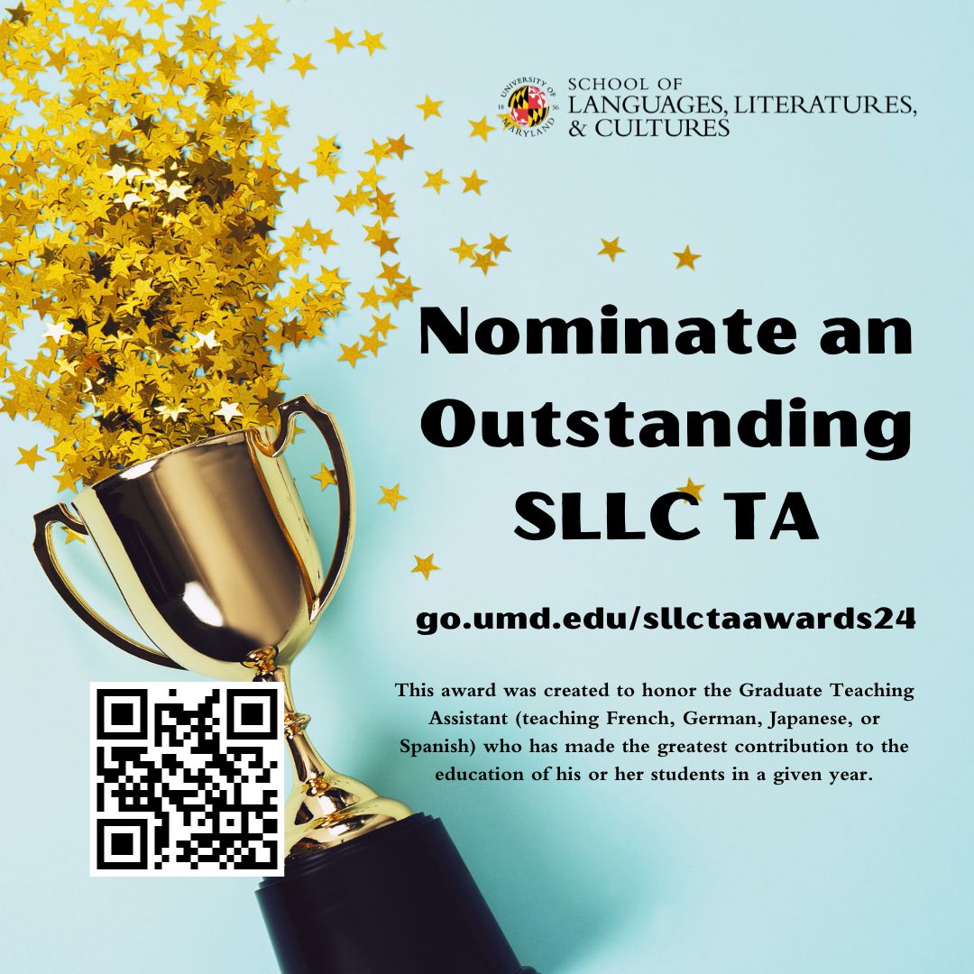 The Outstanding Teaching Assistant (TA) of the Year Award was created to honor Graduate Teaching Assistants who have a lasting impact on their student's education. Nominate a TA whose class you have taken this academic year: go.umd.edu/sllctaawards24