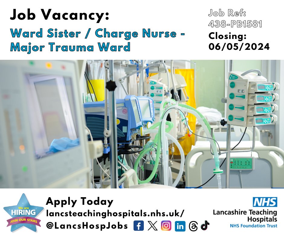 Job Vacancy: Ward #Sister / #ChargeNurse - Major #Trauma Ward @LancsHospitals ⏰Closes: 06/05/24 Read more and apply: lancsteachinghospitals.nhs.uk/join-our-workf… #NHS #NHSjobs #lancashire #lancashireJobs #Preston #Healthcare #band6