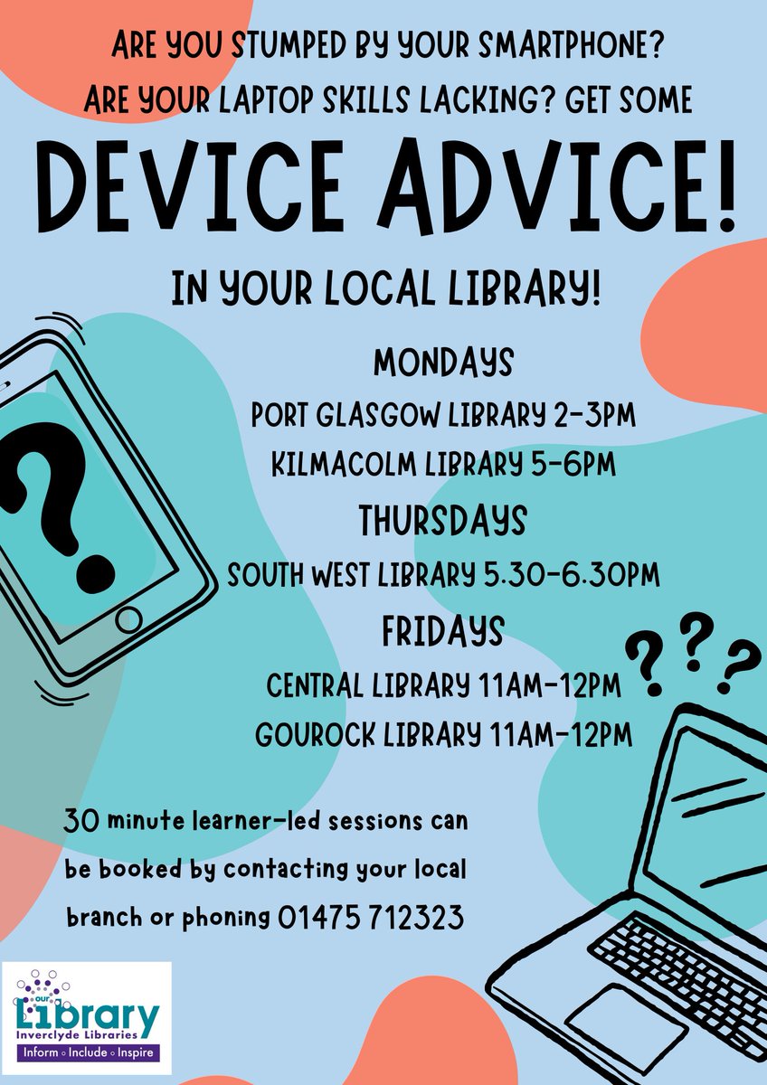 Did you know you can get help with your smartphone or tablet in your local library?! Book one of our 1 to 1 30 minute slots in your local branch! #DeviceAdvice