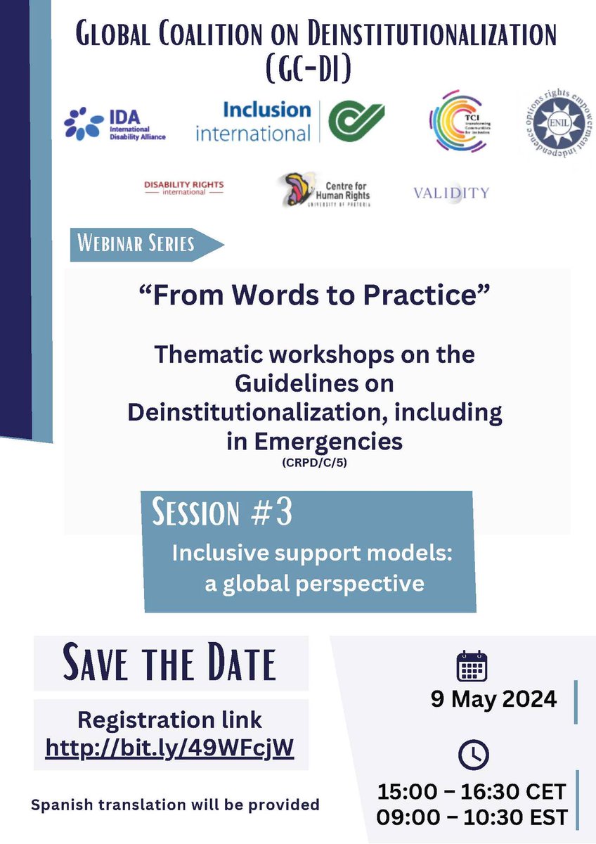 INCLUSIVE SUPPORT MODELS: A Global Perspective GC-DI Webinar, Thursday 9 May at 15:00 CEST, 09:00 EST. Join the third webinar in a series being coordinated by the Global Coalition on Deinstitutionalization, hosted by @InclusionIntl. Register here: bit.ly/49WFcjW