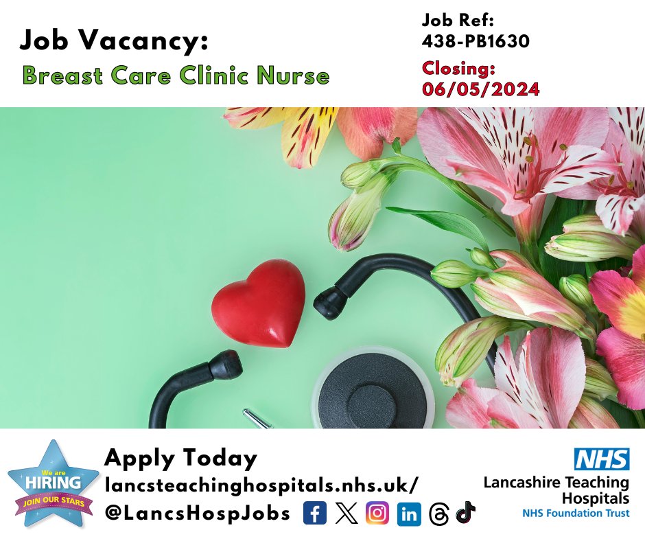 Job Vacancy: Breast Care Clinic #Nurse @LancsHospitals ⏰Closes: 06/05/2024 Read more and apply: lancsteachinghospitals.nhs.uk/join-our-workf… #NHS #NHsjobs #lancashire #Healthcare #WomensHealth #breastCare #breast #chorley