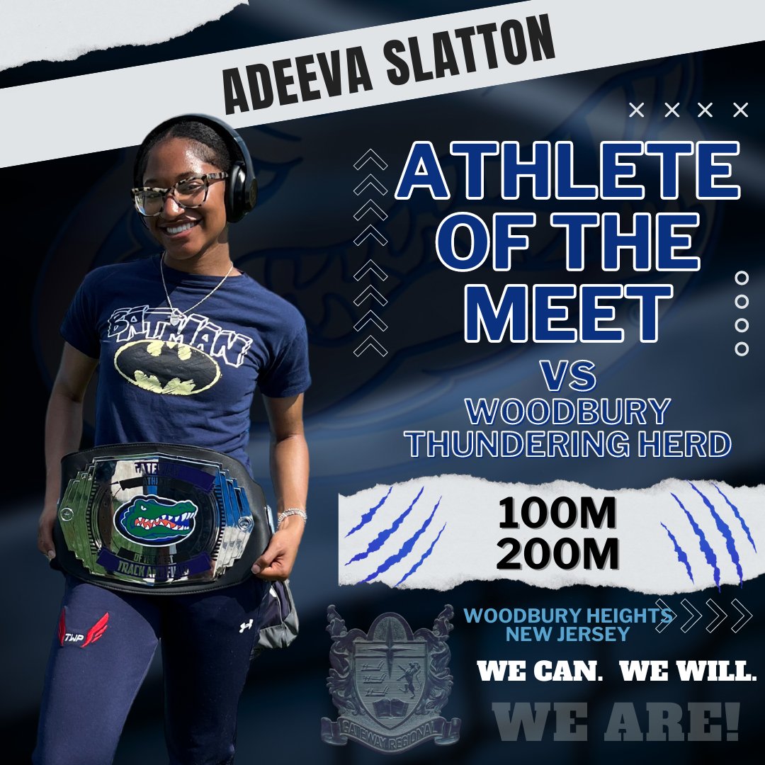 Our first Athlete of the Meet for our dual vs Woodbury is Adeeva Slatton. Adeeva Slatton won the gator belt for her powerful performances in the 100 and 200, winning first place and setting a personal best in both events! #WeAreGateway @GRHSGators