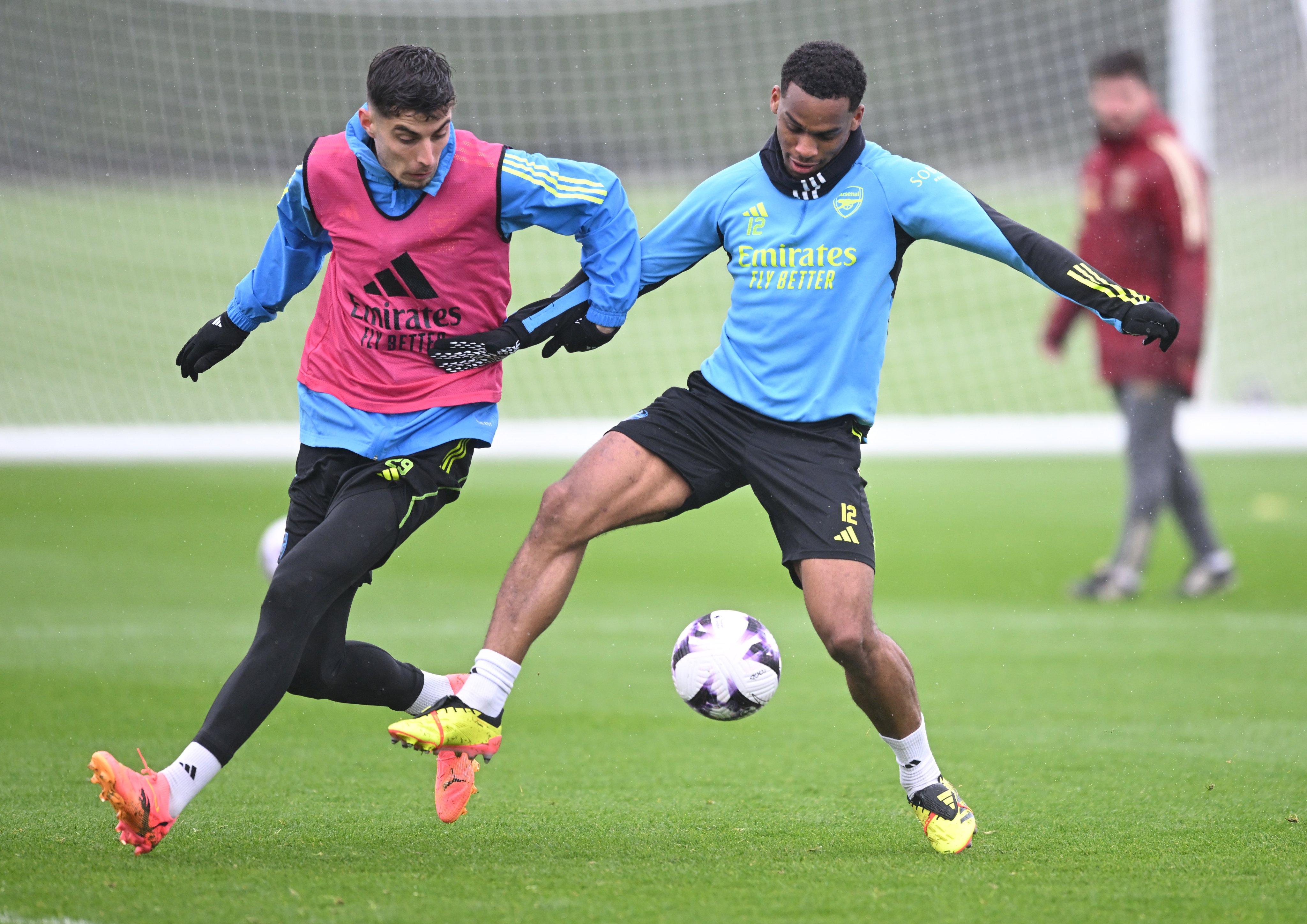 Kai Havertz and Jurrien Timber compete during Arsenal training 