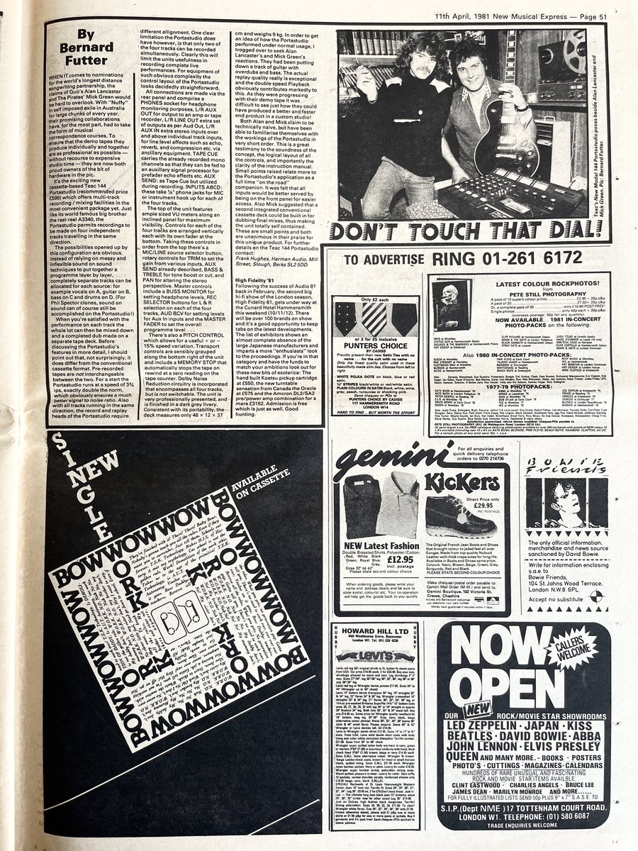 Mick Green, Alan Lancaster, Bernard Futter, review the Teac Portastudio.
New Musical Express, 11 April 1981.
<a href="/mrbradleygreen/">Bradley Green</a>