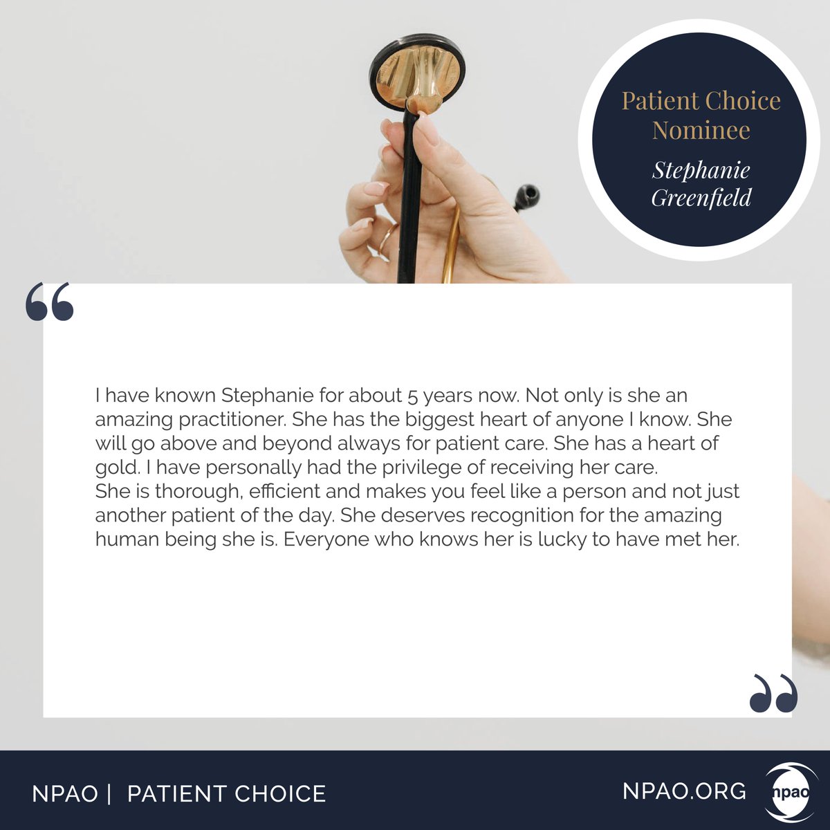 Celebrate Nurse Practitioners (#NPs)! Recognize their compassion & clinical excellence. Explore 2023 Patient Choice submissions & nominate a Nurse Practitioner for the 2024 Patient Choice Award: npao.org/pca #PatientChoice