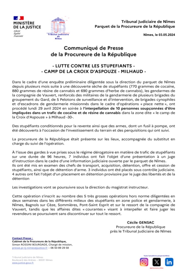 🗞️ [Communiqué de presse] Suites judiciaires après l’interpellation de 10 personnes lundi 29 avril dans le cadre d’une enquête pour trafic de stupéfiants a Milhaud - 30 - 👇