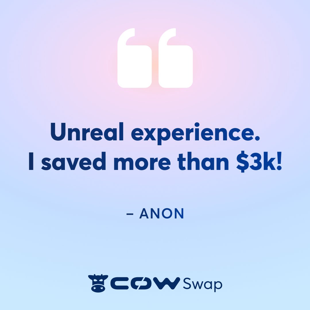 It's not just us ringing our cowbell, here's some real feedback from real CoW Swap users! By the way, almost every order receives surplus, regardless of what token you're trading... Give it a shot for yourself: swap.cow.fi