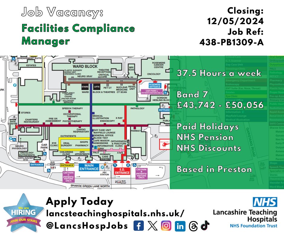 Job Vacancy: Facilities Compliance Manager @LancsHospitals ⏰Closes: 12/05/2024 Read more and apply: lancsteachinghospitals.nhs.uk/join-our-workf… #NHS #NHSjobs #Lancashire #Preston #Estates #Facilities #Leadership #FM #FacilitiesManagement #Compliance
