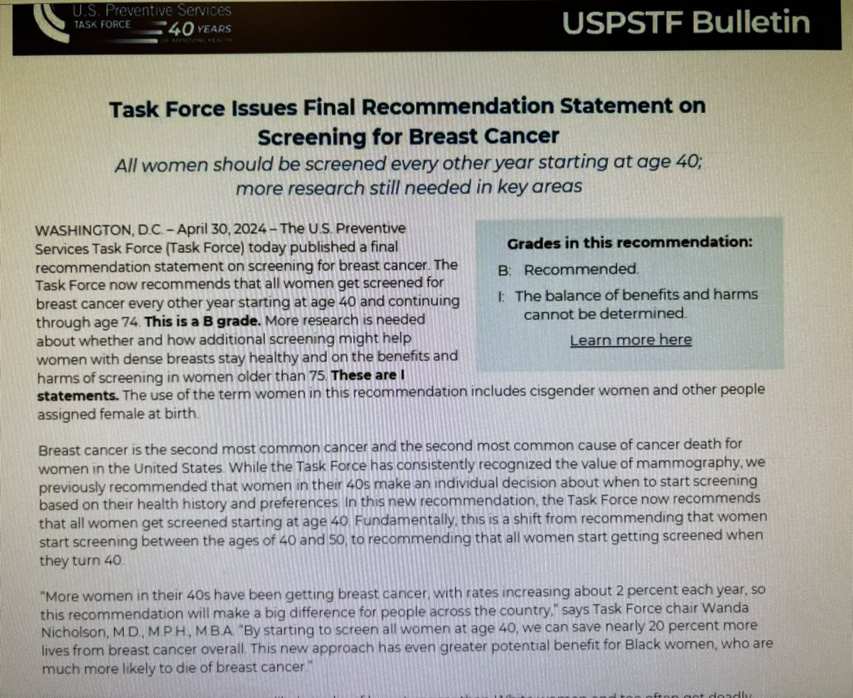 New rec for breast cancer screening. Early diagnosis saves lives.