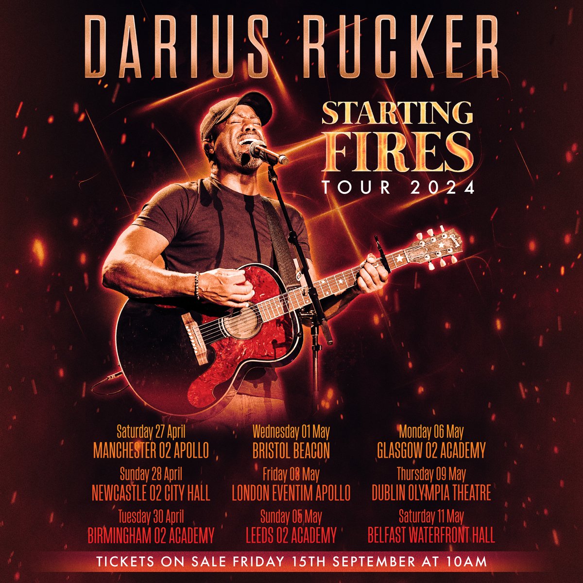 So excited to have Country superstar @dariusrucker here tonight as part of the 'Starting Fires' tour 🤠 Support from Tyler Booth. Doors at 7pm. Our usual security measures are in place - no bags bigger than A4 - please check our pinned tweet for details 🙏