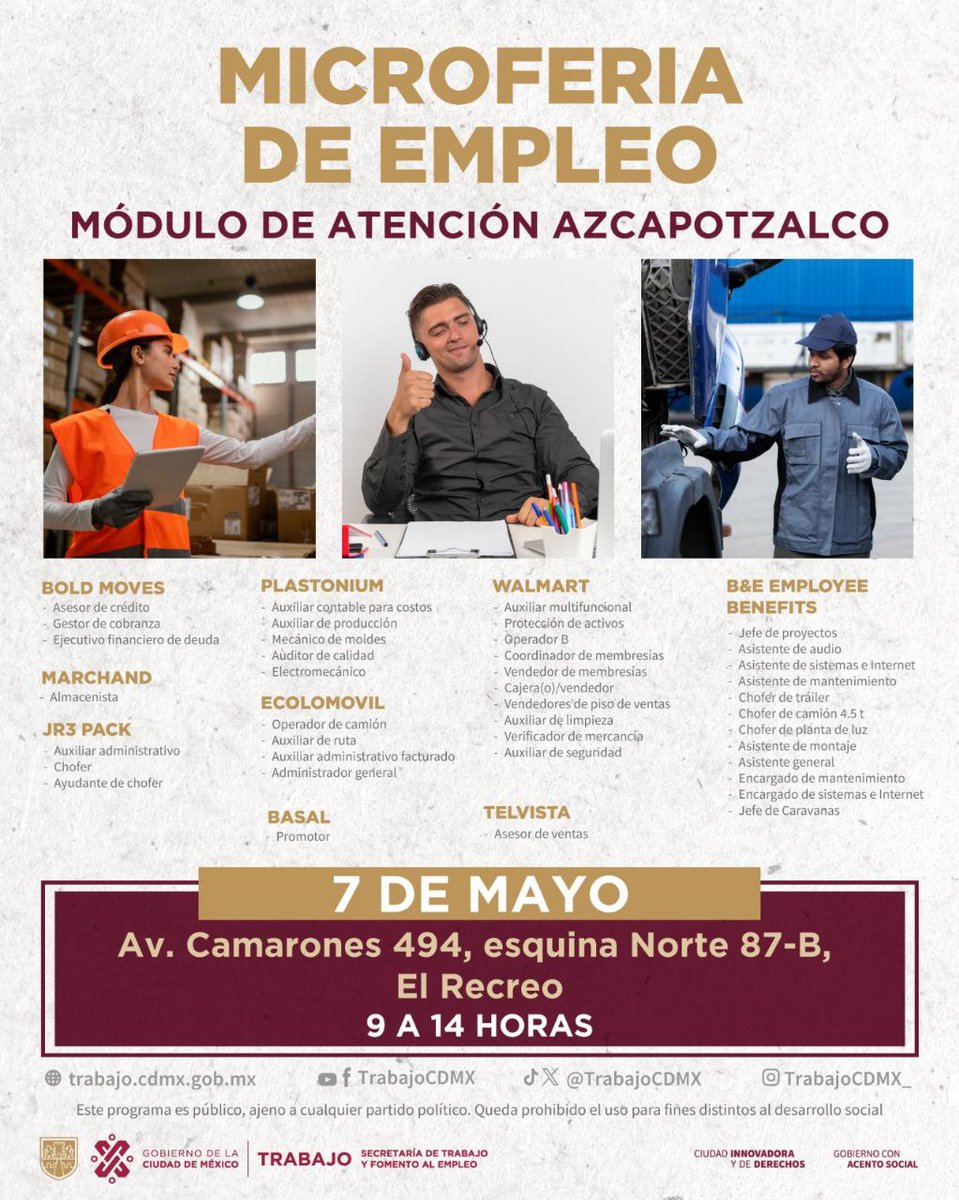 ¡Asiste a la Microferia de Empleo!🚀
El próximo 7 de mayo en Azcapotzalco encontrarás oportunidades laborales como:
✅ Gestor de cobranza
✅ Chofer de tráiler
✅ Auxiliar adminitrativo, entre otras.
📍Av. Camarones 494, esquina Norte 87-B.
🕘 9 a 14 hrs.
 #TrabajoEnLaCiudad