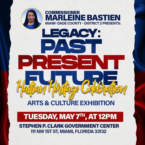 Discover ‘Legacy: Past, Present, and Future’ with artist Azizi Desouza! Join us on Tuesday, May 7th, at 12pm at the Stephen P. Clark Government Center. Immerse yourself in and celebrate the rich Haitian culture at this inspiring event. 🇭🇹