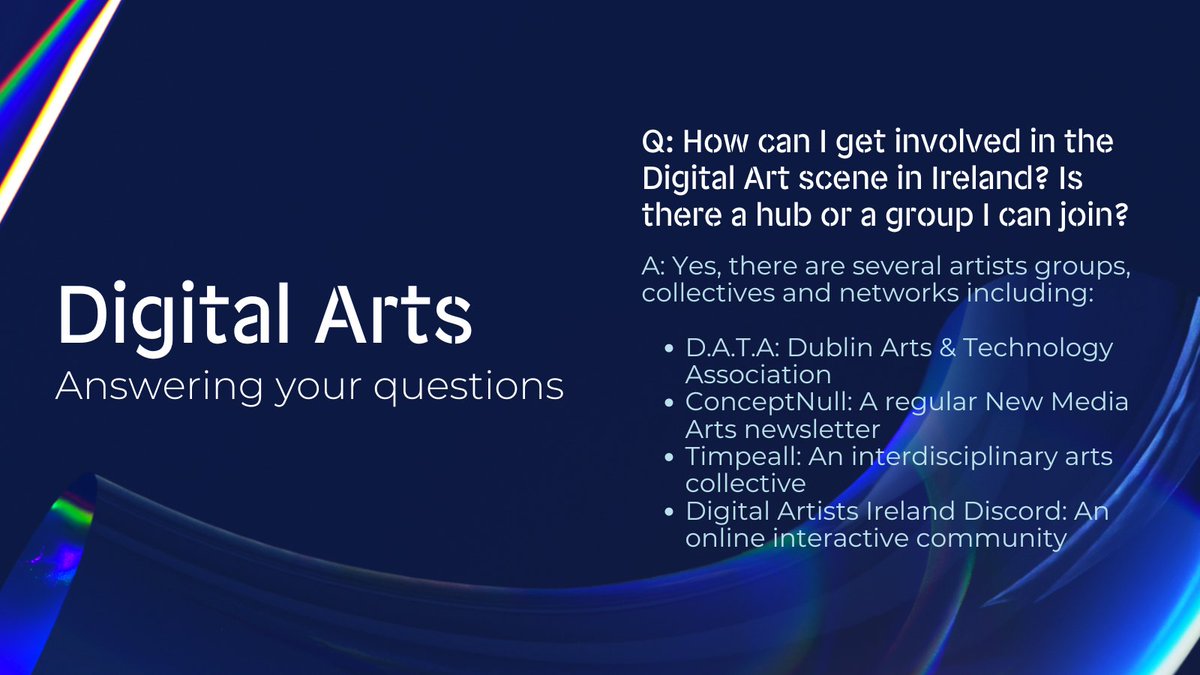 Another useful question from our Digital Arts Q&A. If you’re looking to get more involved with Digital Arts in Ireland, use the links below to explore… DATA: data.ie/datasite/ ConceptNull: conceptnull.org Timpeall: timpeall.ie