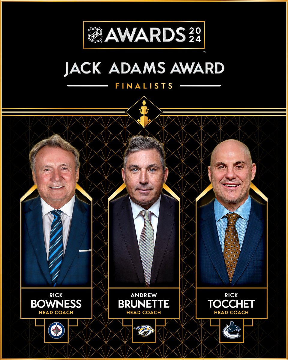 Rick Bowness, Andrew Brunette and Rick Tocchet are the three finalists for the 2023-24 Jack Adams Award. #NHLAwards: media.nhl.com/public/news/17…